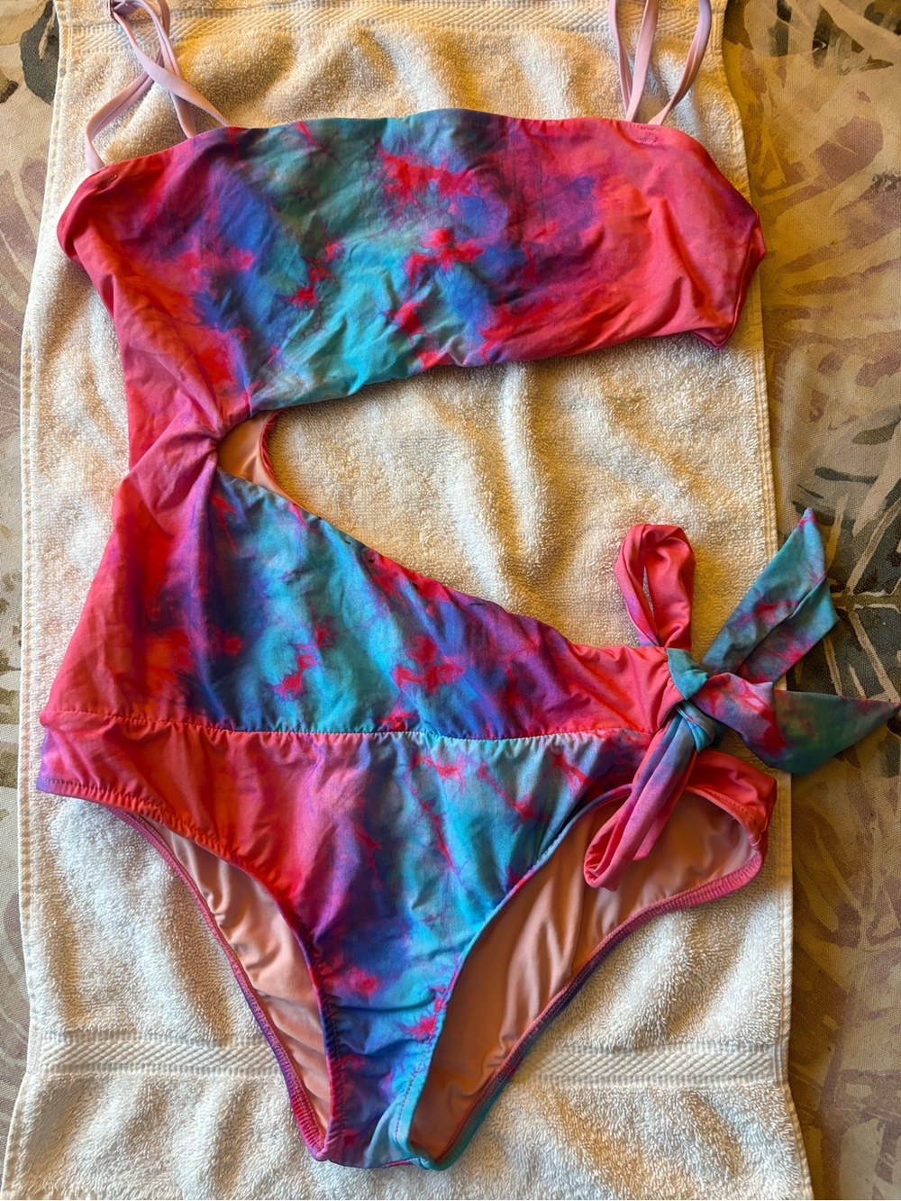 FARM Rio Pink & Blue Tie-Dye One-Shoulder Cutout Swimsuit with Side Tie